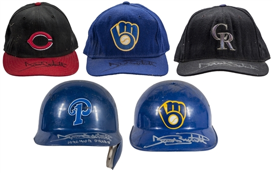Dante Bichette Game Used and Signed Hats(3); Batting Helmet and Field Helmet- Lot Of 5 Total (Bichette LOA & PSA/DNA PreCert)